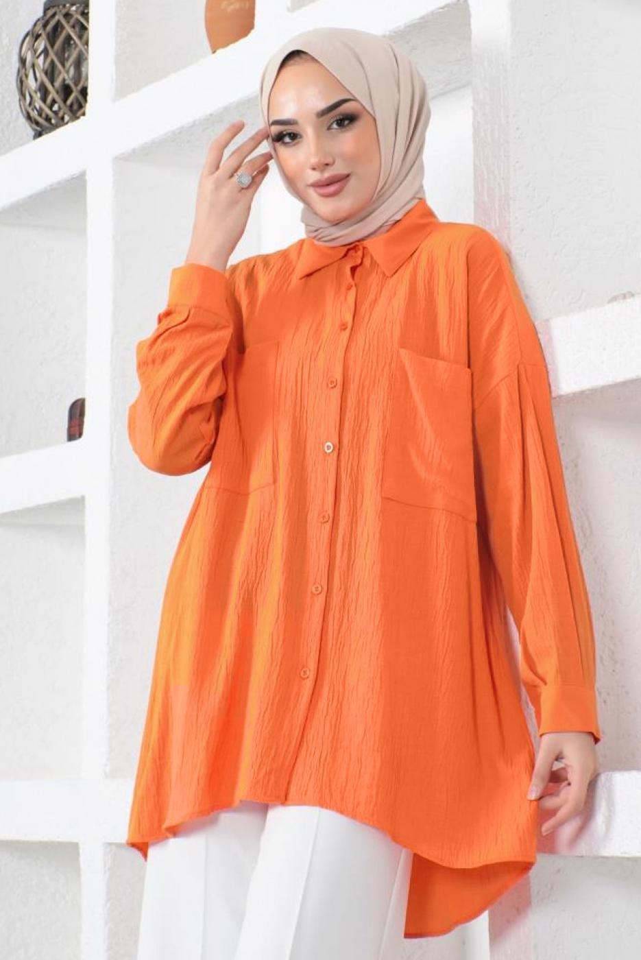 Tesettür giyim TURUNCU CEPLİ BÜRÜMCÜK GÖMLEK TUNİK T 44516