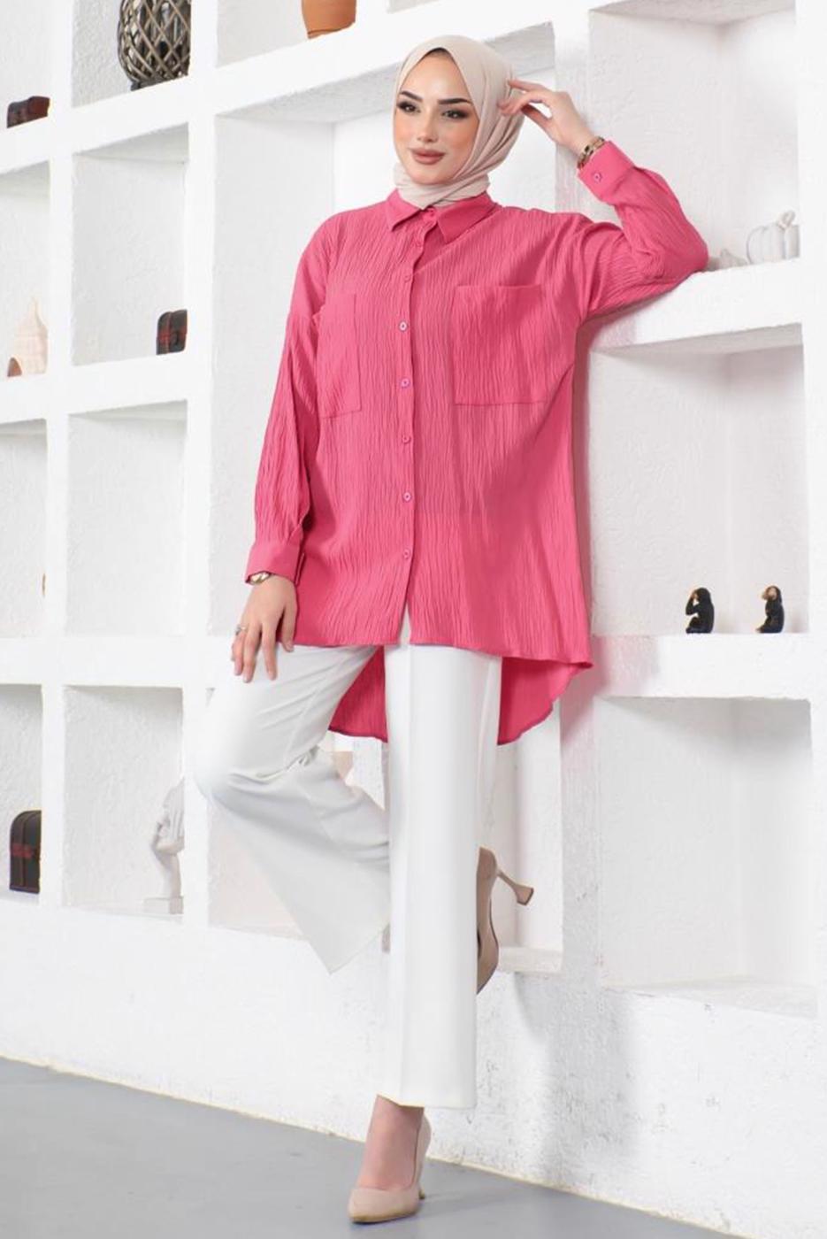 Tesettür giyim PEMBE CEPLİ BÜRÜMCÜK GÖMLEK TUNİK T 44516
