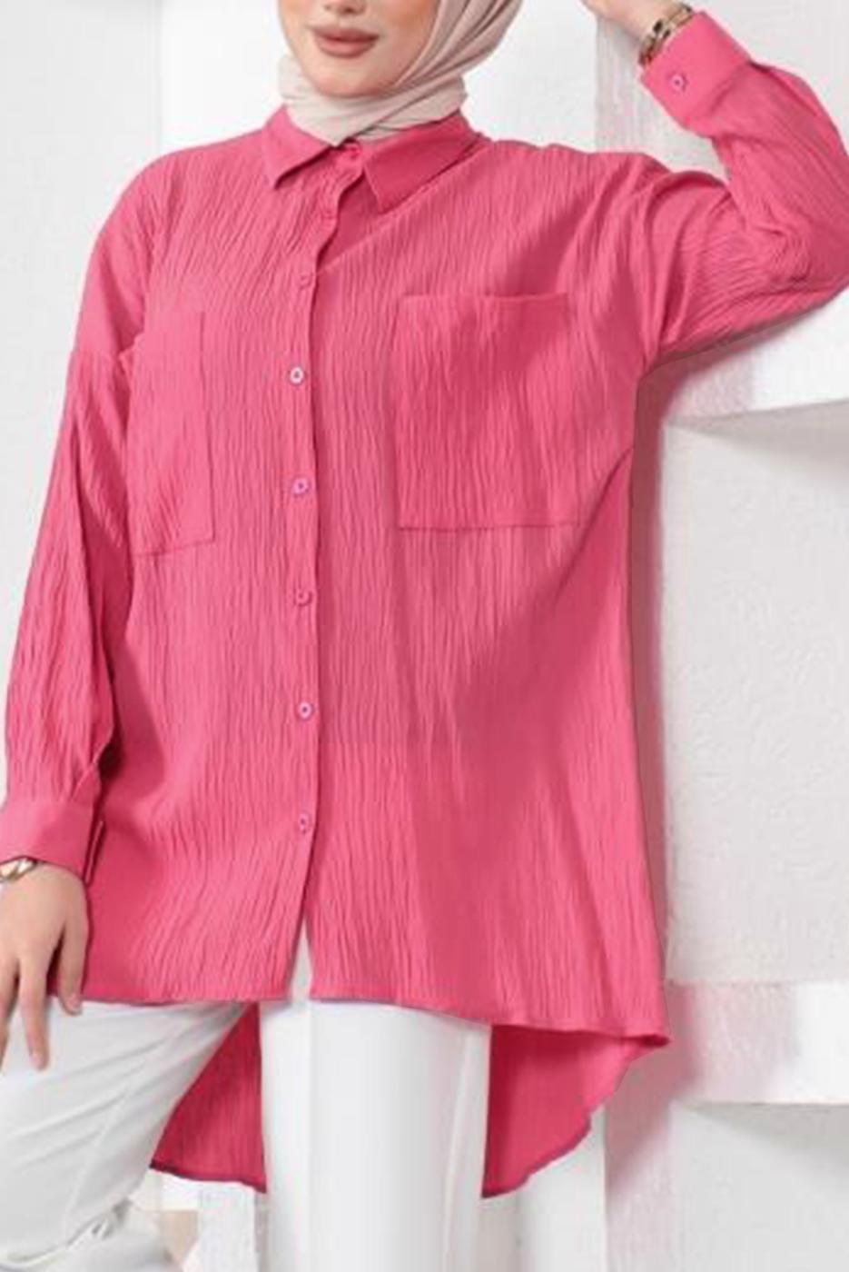 Tesettür giyim PEMBE CEPLİ BÜRÜMCÜK GÖMLEK TUNİK T 44516
