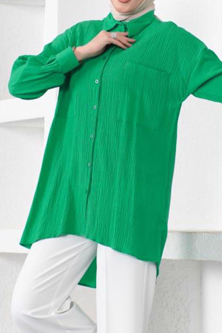Tesettür giyim YEŞİL CEPLİ BÜRÜMCÜK GÖMLEK TUNİK T 44516