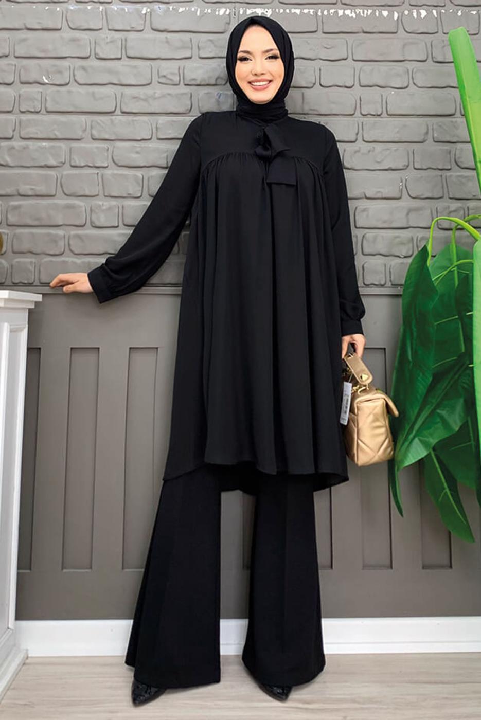 Tesettür giyim SİYAH YAKASI BAĞLAMALI ŞİFON KREP TUNİK T 4542