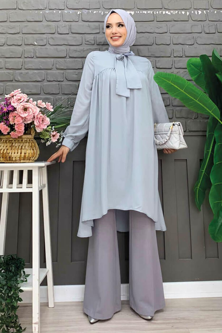 Tesettür giyim GRİ YAKASI BAĞLAMALI ŞİFON KREP TUNİK T 4542