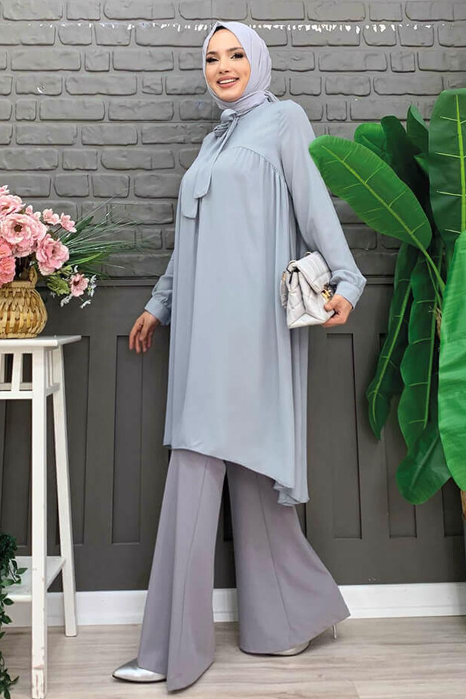 Tesettür giyim GRİ YAKASI BAĞLAMALI ŞİFON KREP TUNİK T 4542