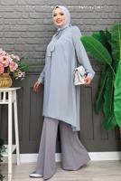 Tesettür giyim GRİ YAKASI BAĞLAMALI ŞİFON KREP TUNİK T 4542