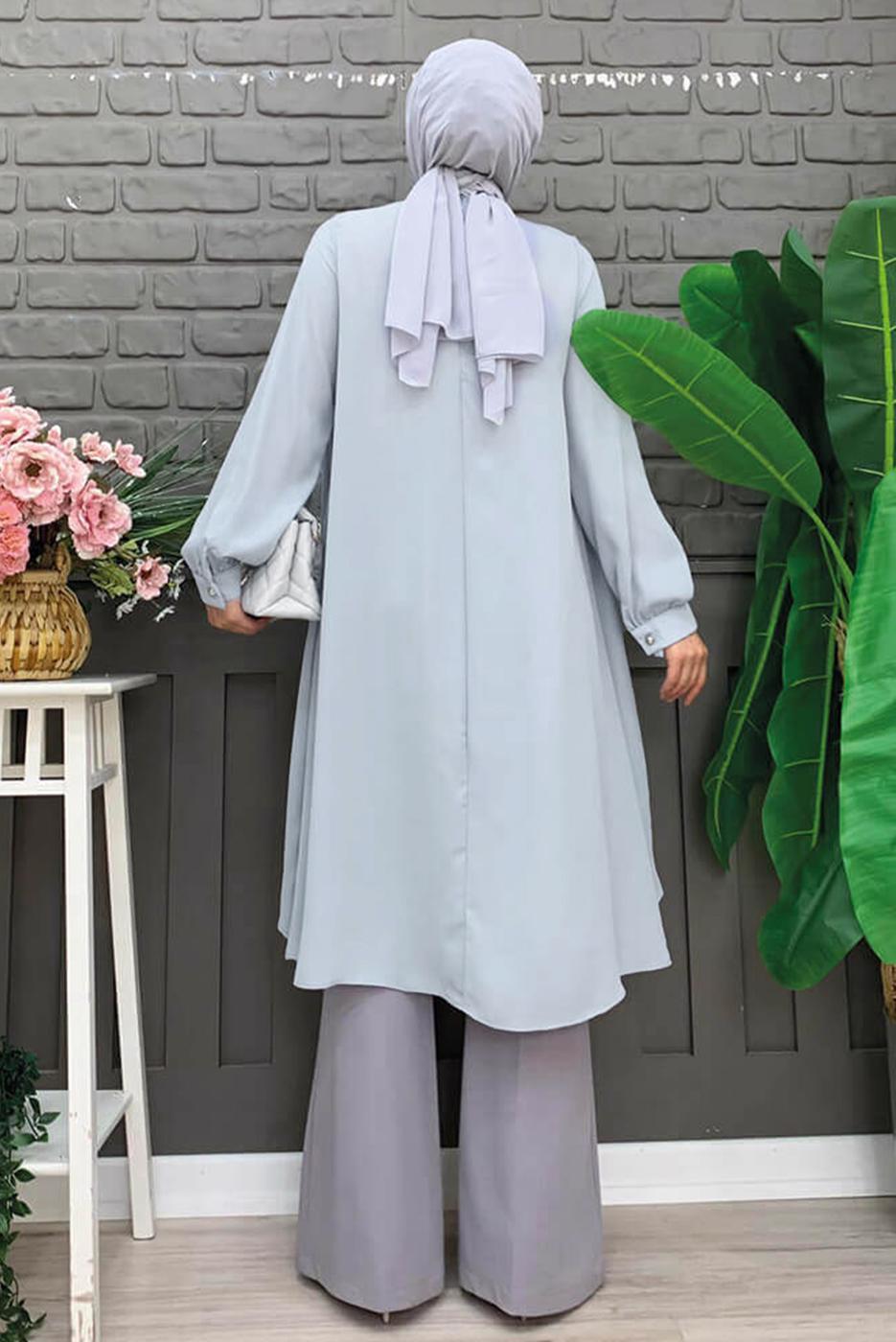 Tesettür giyim GRİ YAKASI BAĞLAMALI ŞİFON KREP TUNİK T 4542
