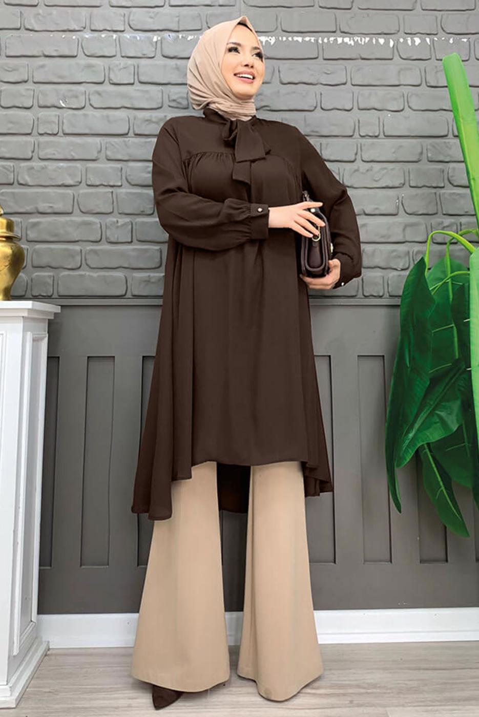Tesettür giyim KAHVE YAKASI BAĞLAMALI ŞİFON KREP TUNİK T 4542