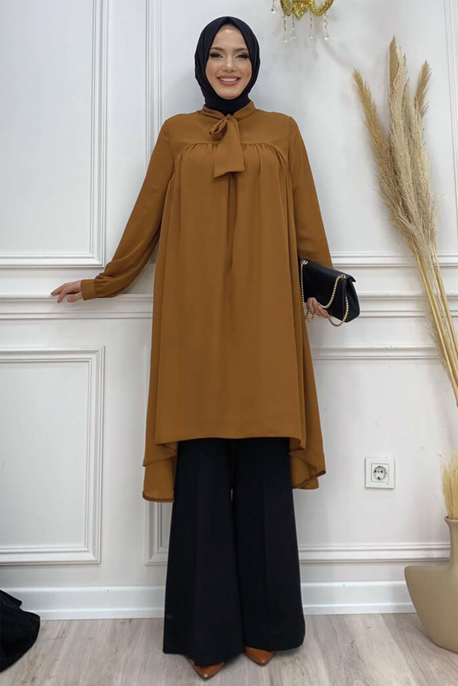 Tesettür giyim TABA YAKASI BAĞLAMALI ŞİFON KREP TUNİK T 4542