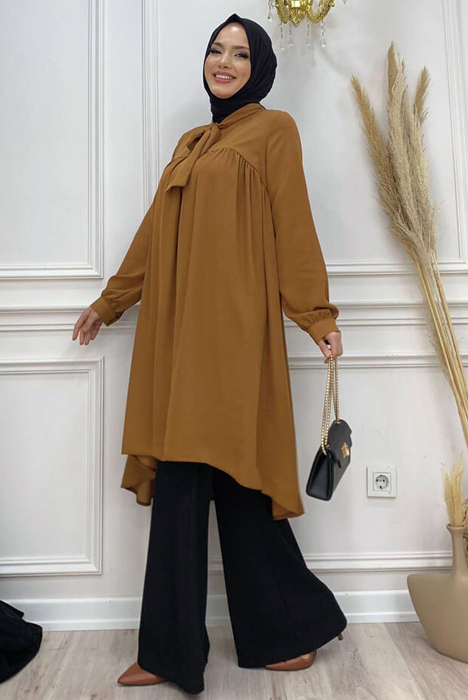 Tesettür giyim TABA YAKASI BAĞLAMALI ŞİFON KREP TUNİK T 4542