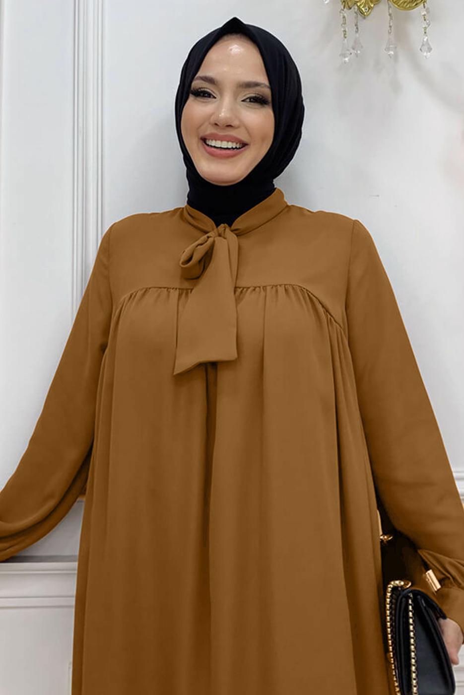 Tesettür giyim TABA YAKASI BAĞLAMALI ŞİFON KREP TUNİK T 4542