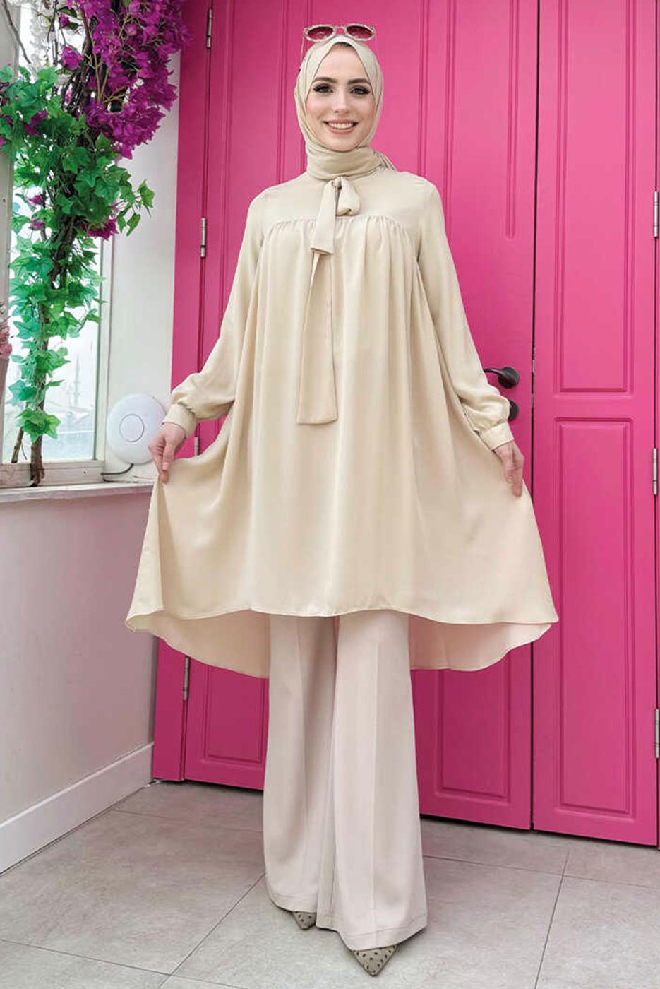 Tesettür giyim BEJ YAKASI BAĞLAMALI ŞİFON KREP TUNİK T 4542