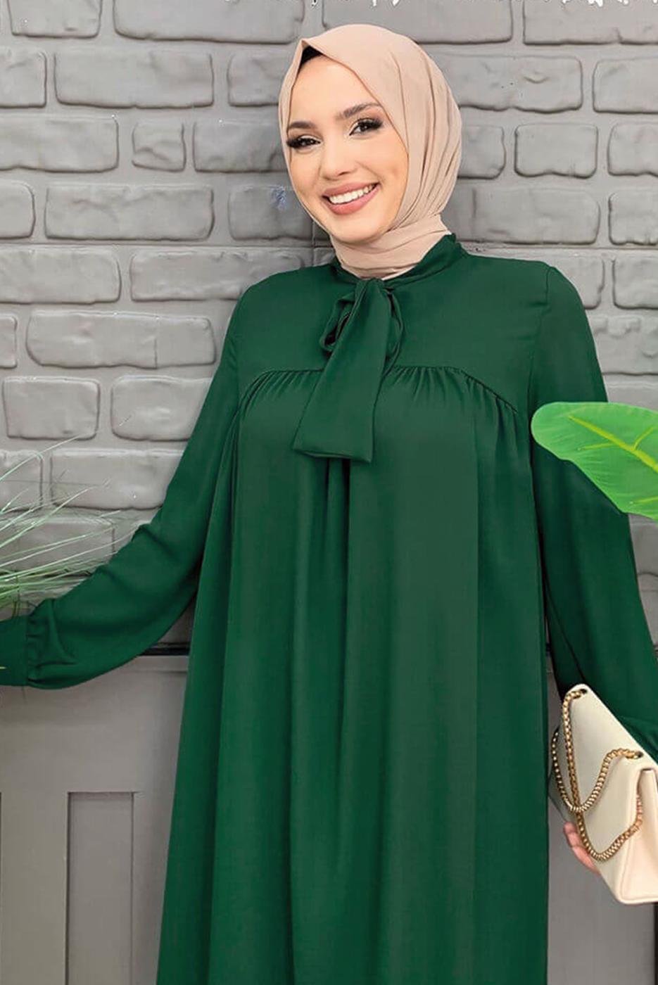 Tesettür giyim YEŞİL YAKASI BAĞLAMALI ŞİFON KREP TUNİK T 4542