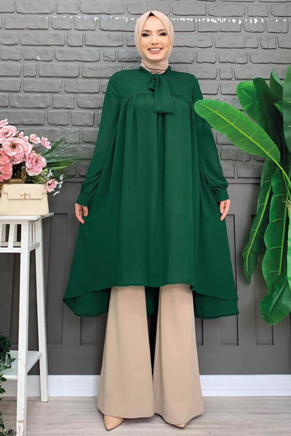 Tesettür giyim YEŞİL YAKASI BAĞLAMALI ŞİFON KREP TUNİK T 4542