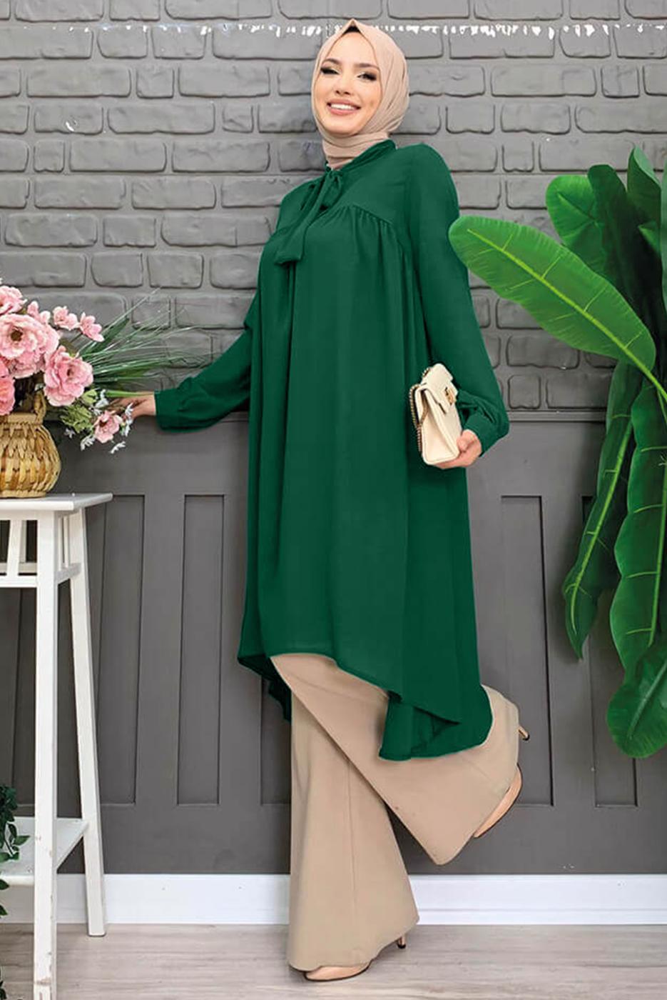Tesettür giyim YEŞİL YAKASI BAĞLAMALI ŞİFON KREP TUNİK T 4542