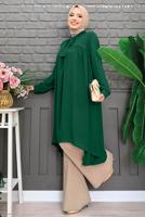 Tesettür giyim YEŞİL YAKASI BAĞLAMALI ŞİFON KREP TUNİK T 4542