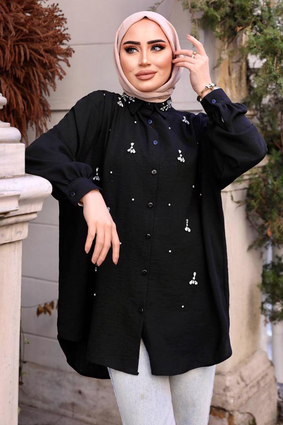 Tesettür giyim SİYAH TAŞ BASKILI SALAŞ GÖMLEK TUNİK T 461