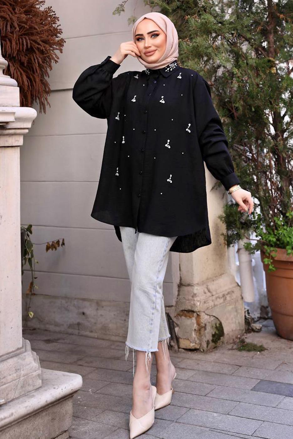 Tesettür giyim SİYAH TAŞ BASKILI SALAŞ GÖMLEK TUNİK T 461