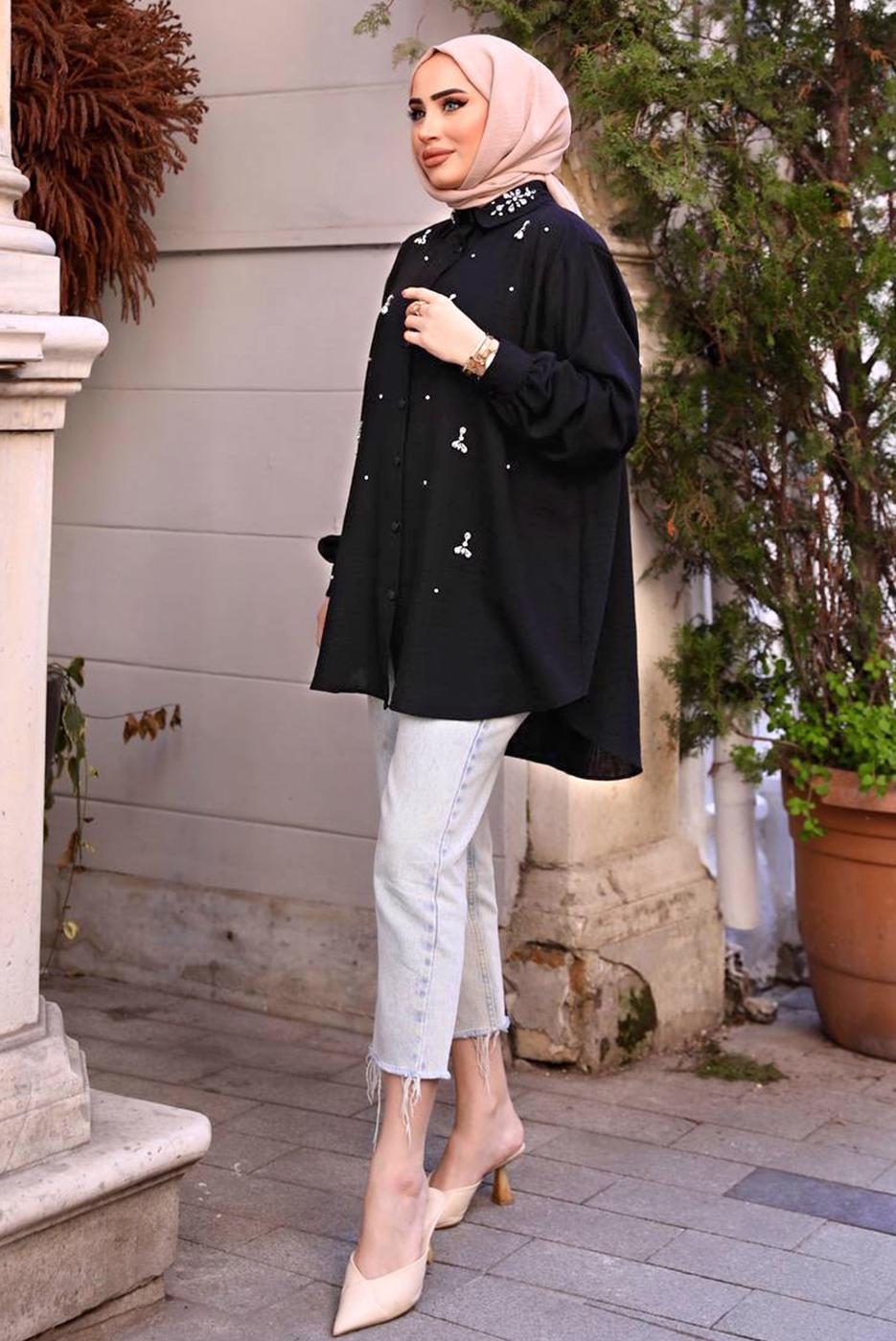 Tesettür giyim SİYAH TAŞ BASKILI SALAŞ GÖMLEK TUNİK T 461