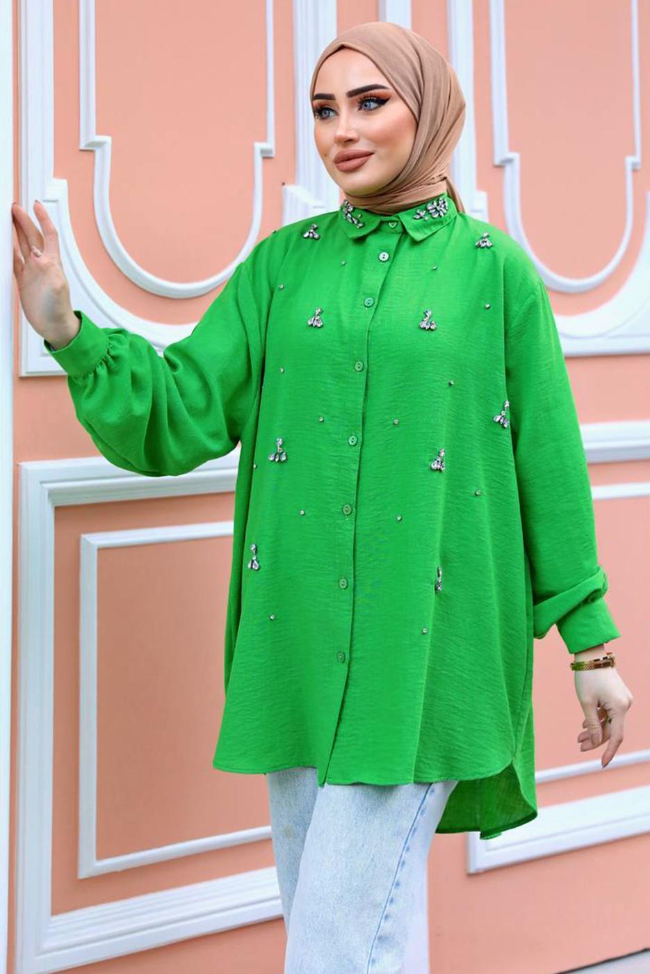 Tesettür giyim YEŞİL TAŞ BASKILI SALAŞ GÖMLEK TUNİK T 461