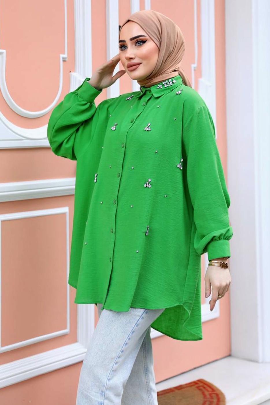 Tesettür giyim YEŞİL TAŞ BASKILI SALAŞ GÖMLEK TUNİK T 461