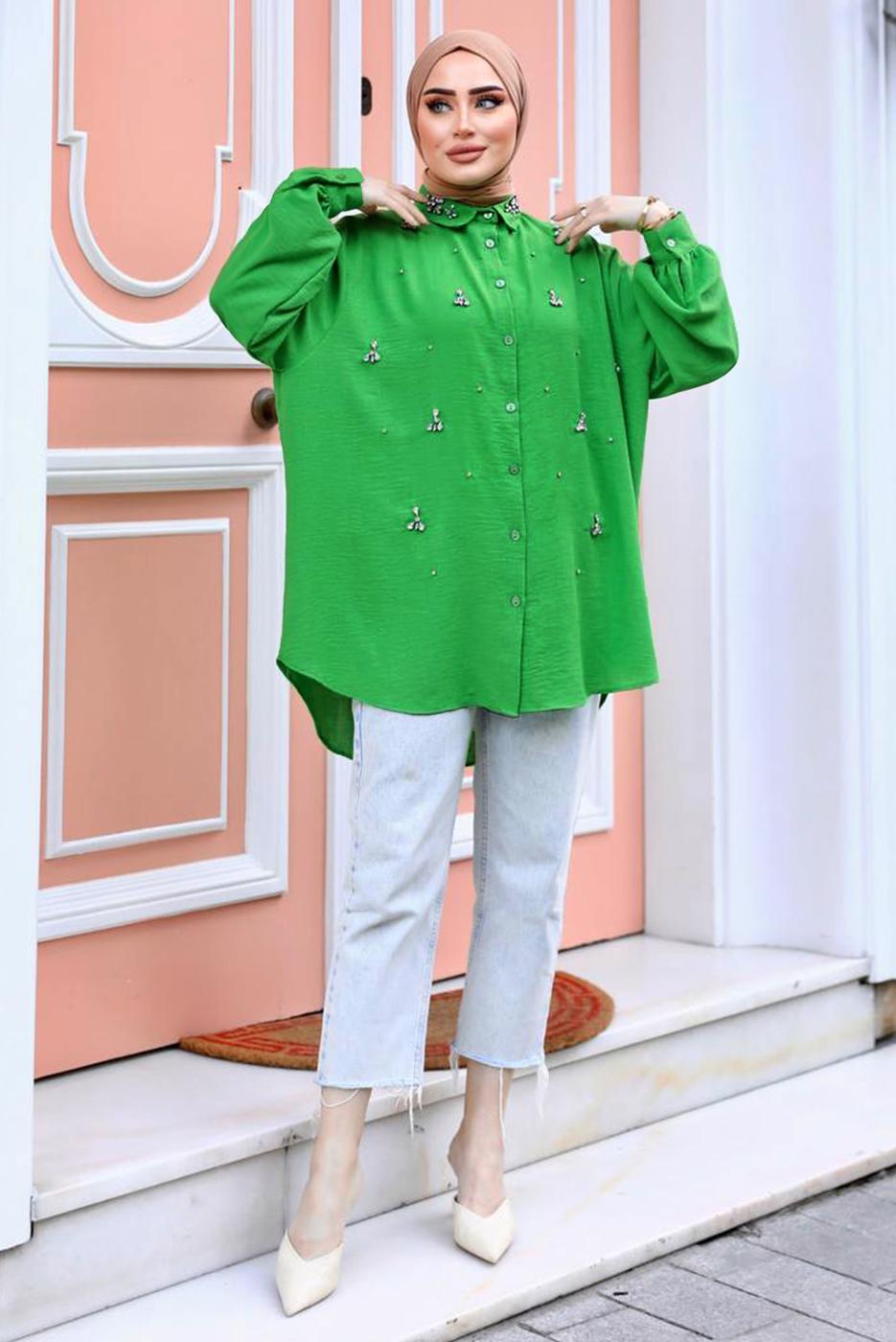 Tesettür giyim YEŞİL TAŞ BASKILI SALAŞ GÖMLEK TUNİK T 461