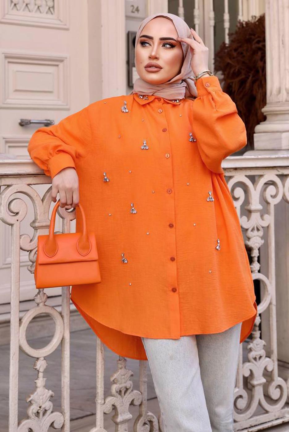 Tesettür giyim TURUNCU TAŞ BASKILI SALAŞ GÖMLEK TUNİK T 461