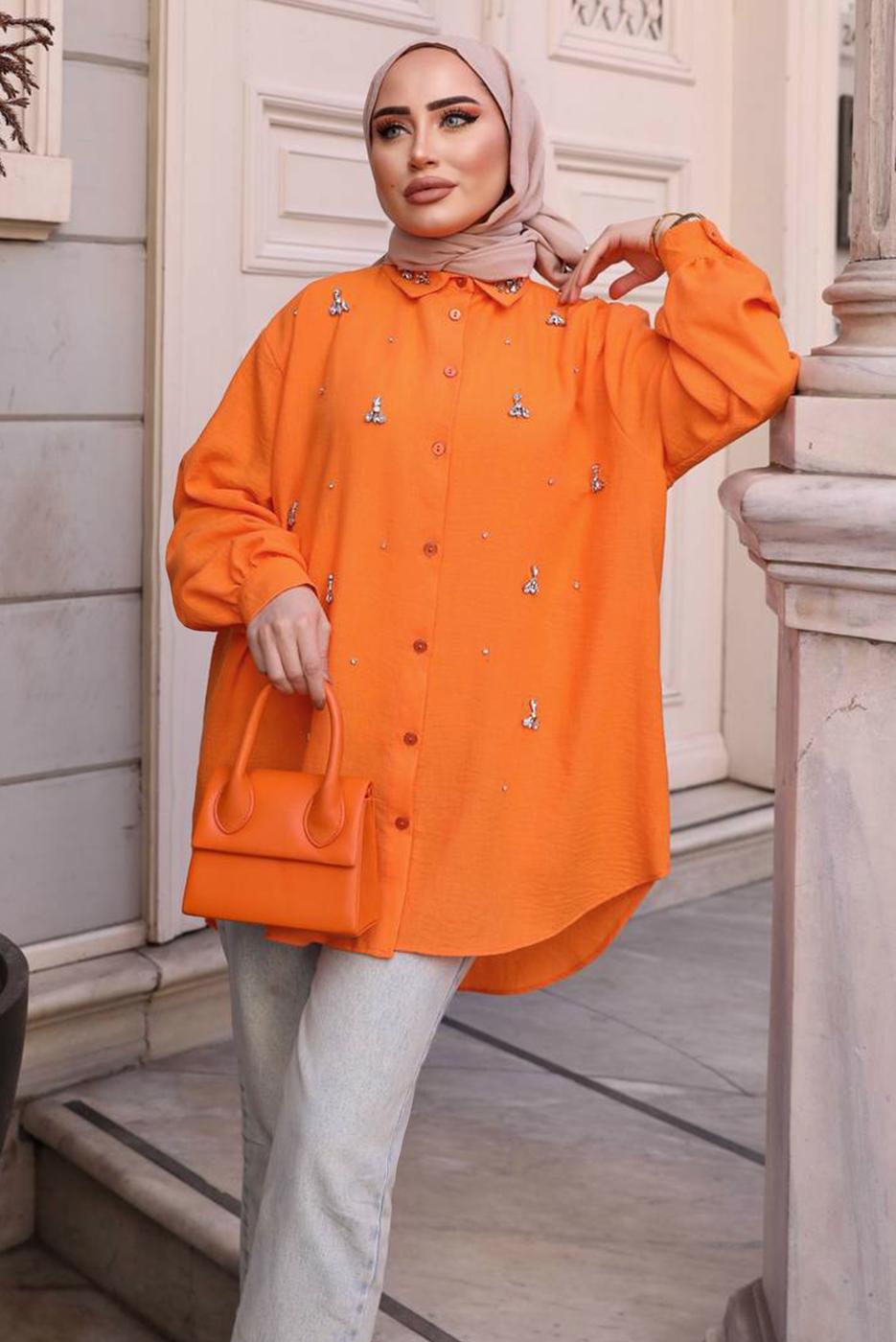 Tesettür giyim TURUNCU TAŞ BASKILI SALAŞ GÖMLEK TUNİK T 461