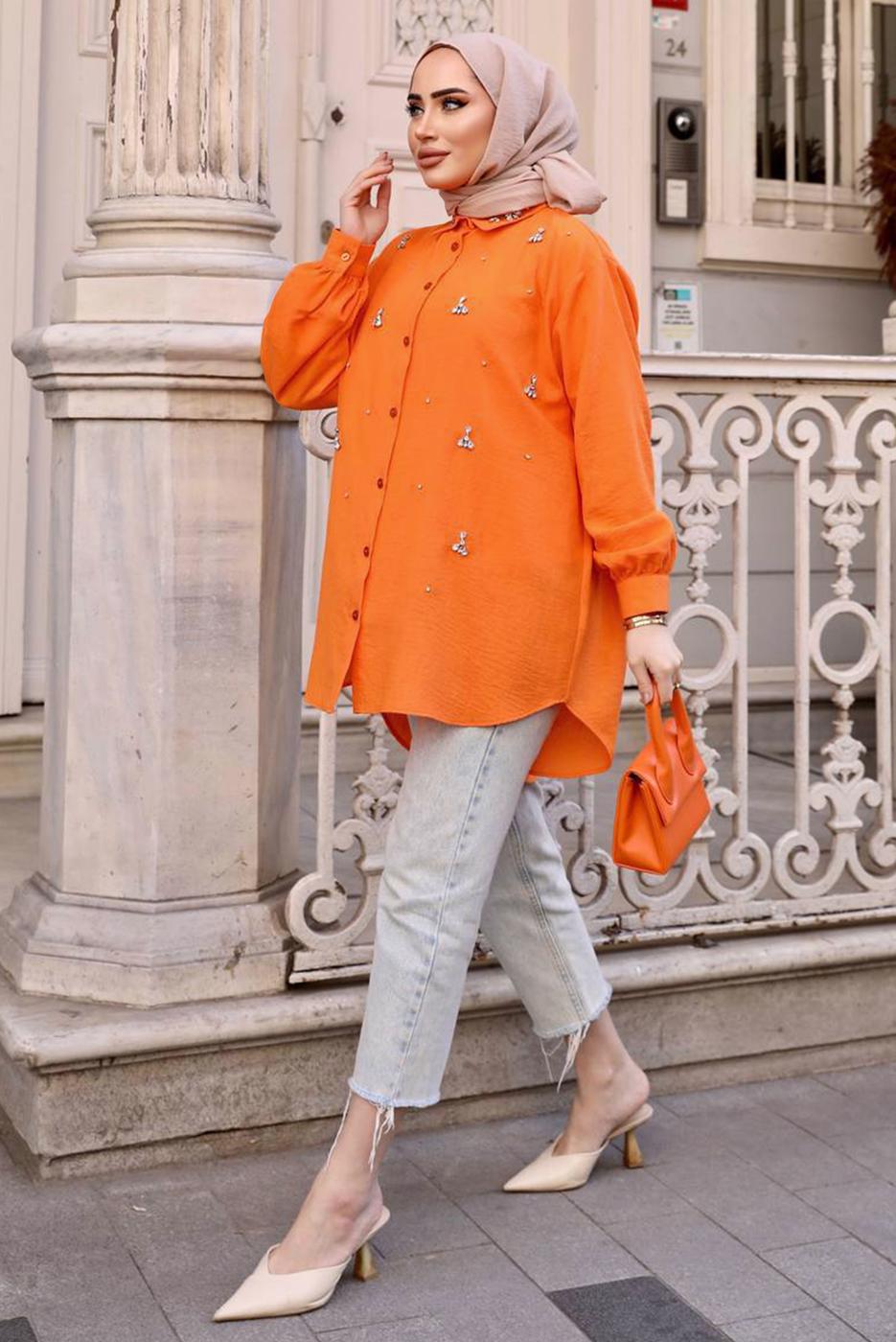 Tesettür giyim TURUNCU TAŞ BASKILI SALAŞ GÖMLEK TUNİK T 461