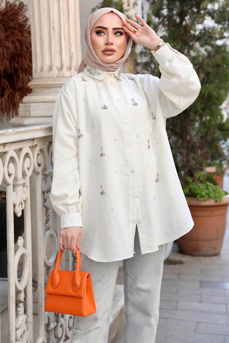 Tesettür giyim EKRU TAŞ BASKILI SALAŞ GÖMLEK TUNİK T 461