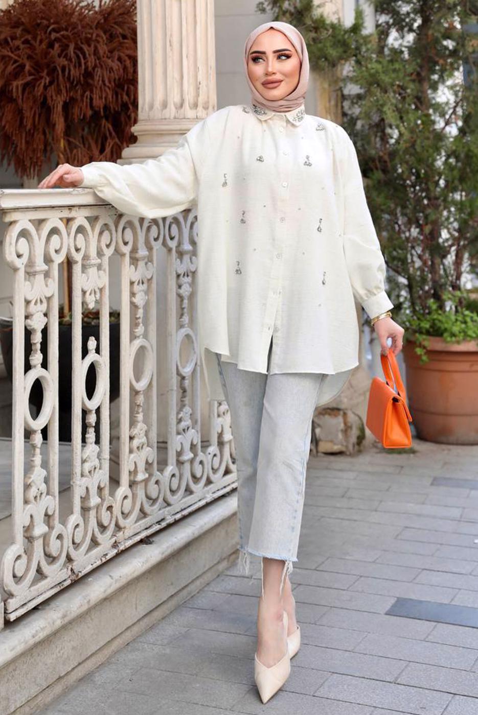 Tesettür giyim EKRU TAŞ BASKILI SALAŞ GÖMLEK TUNİK T 461