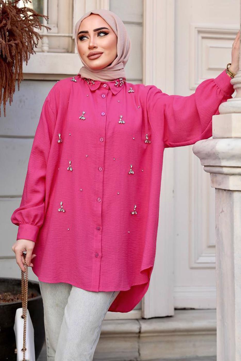 Tesettür giyim FUŞYA TAŞ BASKILI SALAŞ GÖMLEK TUNİK T 461