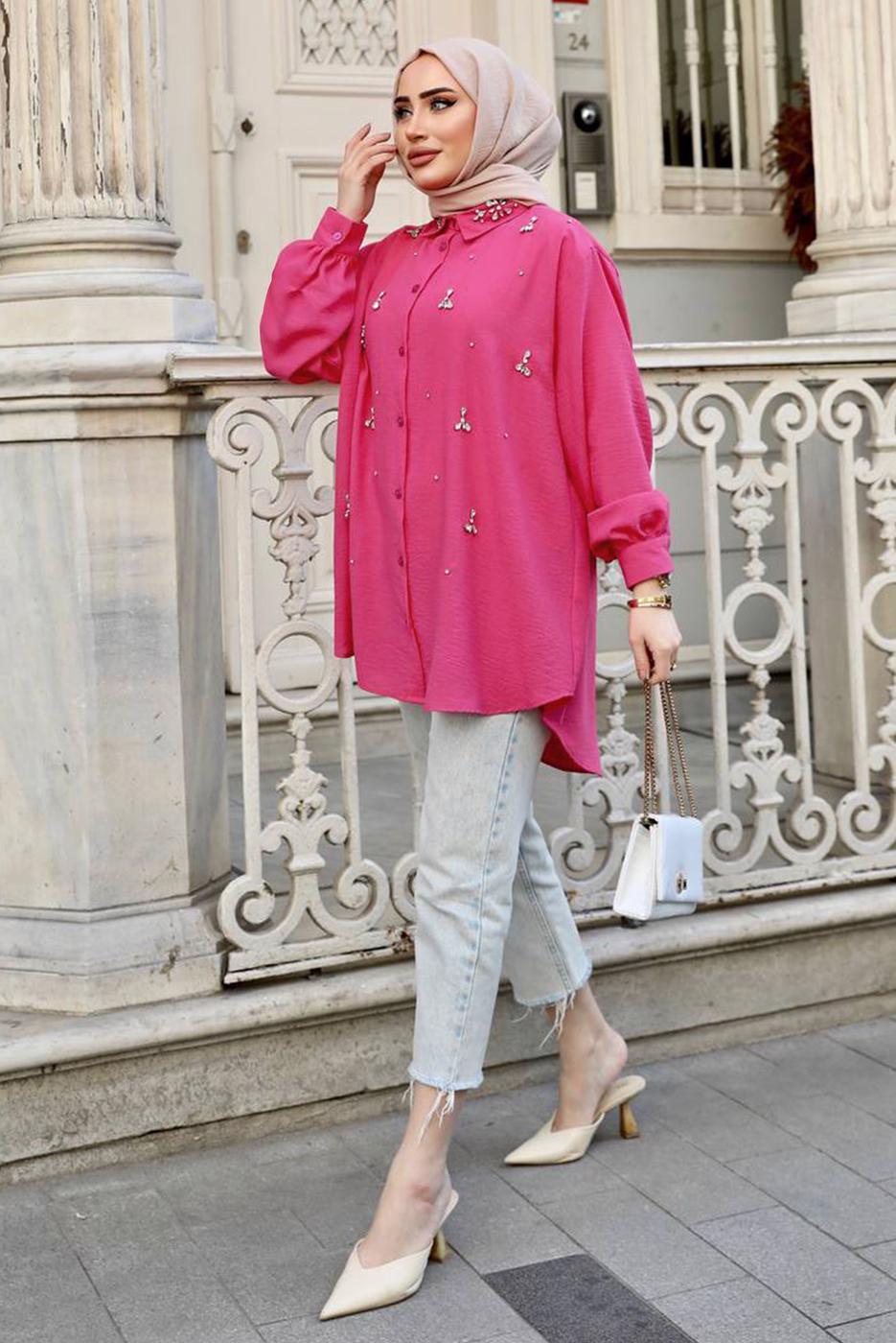 Tesettür giyim FUŞYA TAŞ BASKILI SALAŞ GÖMLEK TUNİK T 461