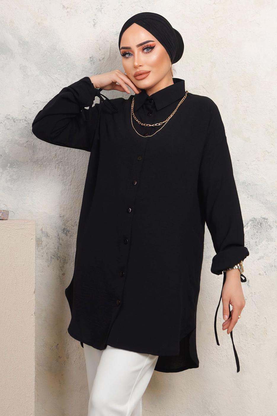 Tesettür giyim SİYAH KOLLARI BAĞLAMALI ZİNCİRLİ GÖMLEK TUNİK T 4703