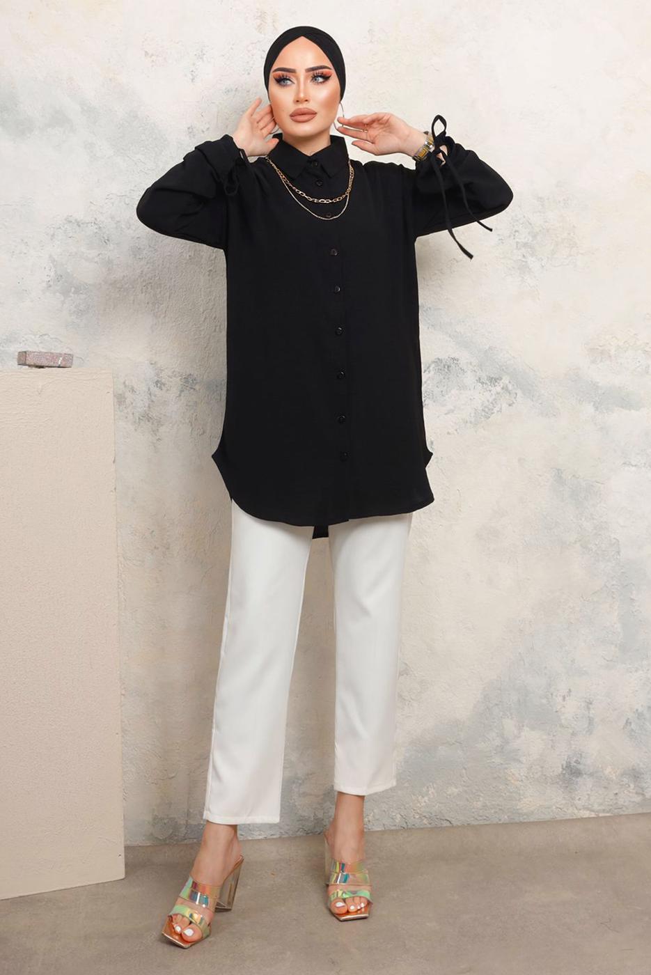 Tesettür giyim SİYAH KOLLARI BAĞLAMALI ZİNCİRLİ GÖMLEK TUNİK T 4703