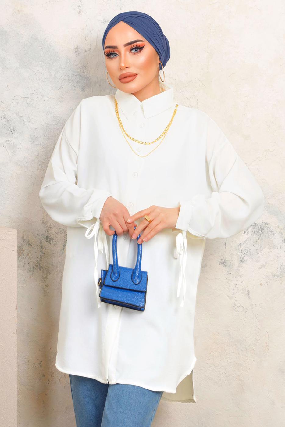 Tesettür giyim KREM KOLLARI BAĞLAMALI ZİNCİRLİ GÖMLEK TUNİK T 4703