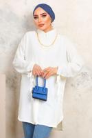 Tesettür giyim KREM KOLLARI BAĞLAMALI ZİNCİRLİ GÖMLEK TUNİK T 4703