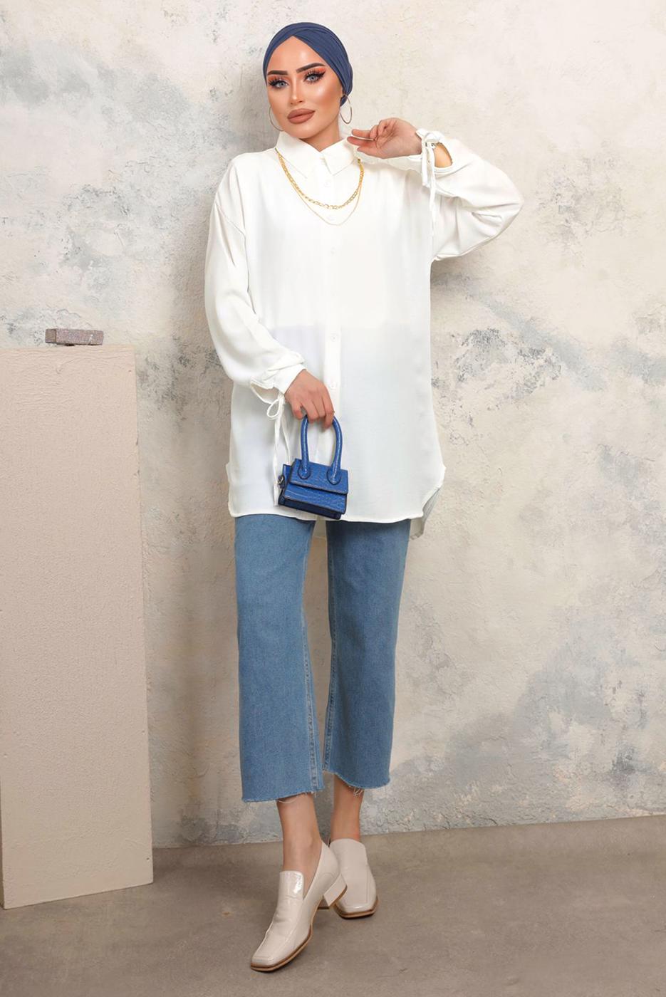 Tesettür giyim KREM KOLLARI BAĞLAMALI ZİNCİRLİ GÖMLEK TUNİK T 4703
