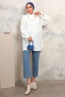 Tesettür giyim KREM KOLLARI BAĞLAMALI ZİNCİRLİ GÖMLEK TUNİK T 4703