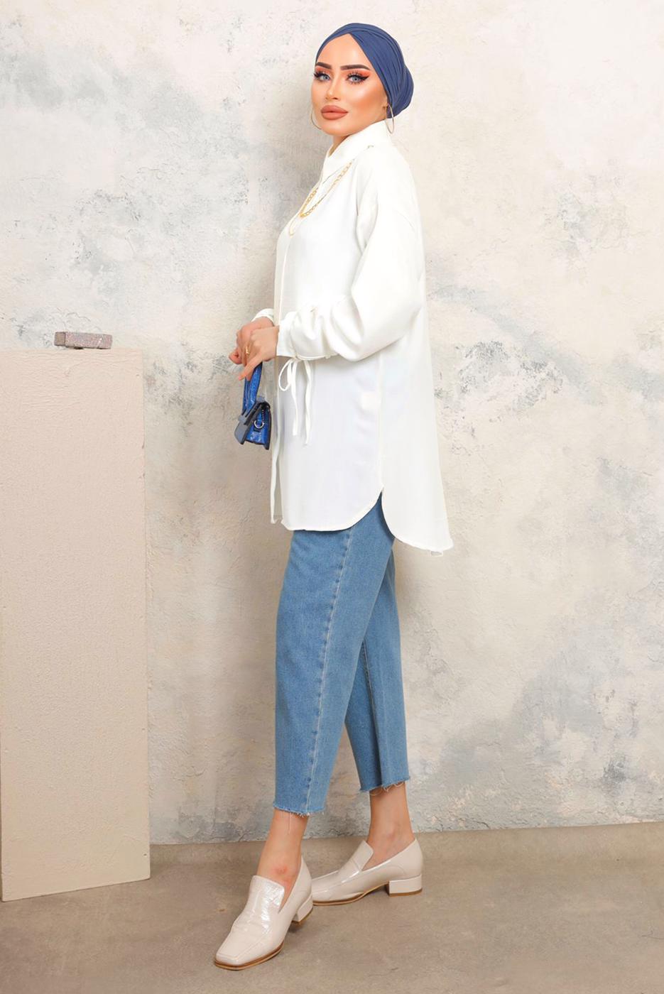 Tesettür giyim KREM KOLLARI BAĞLAMALI ZİNCİRLİ GÖMLEK TUNİK T 4703