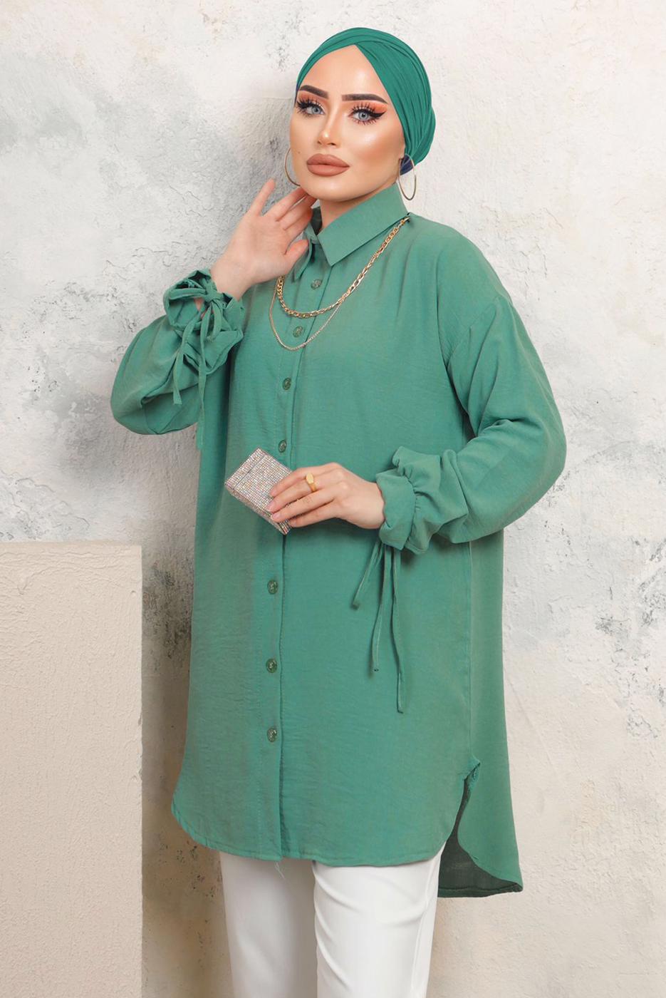 Tesettür giyim YEŞİL KOLLARI BAĞLAMALI ZİNCİRLİ GÖMLEK TUNİK T 4703