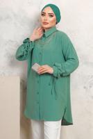 Tesettür giyim YEŞİL KOLLARI BAĞLAMALI ZİNCİRLİ GÖMLEK TUNİK T 4703