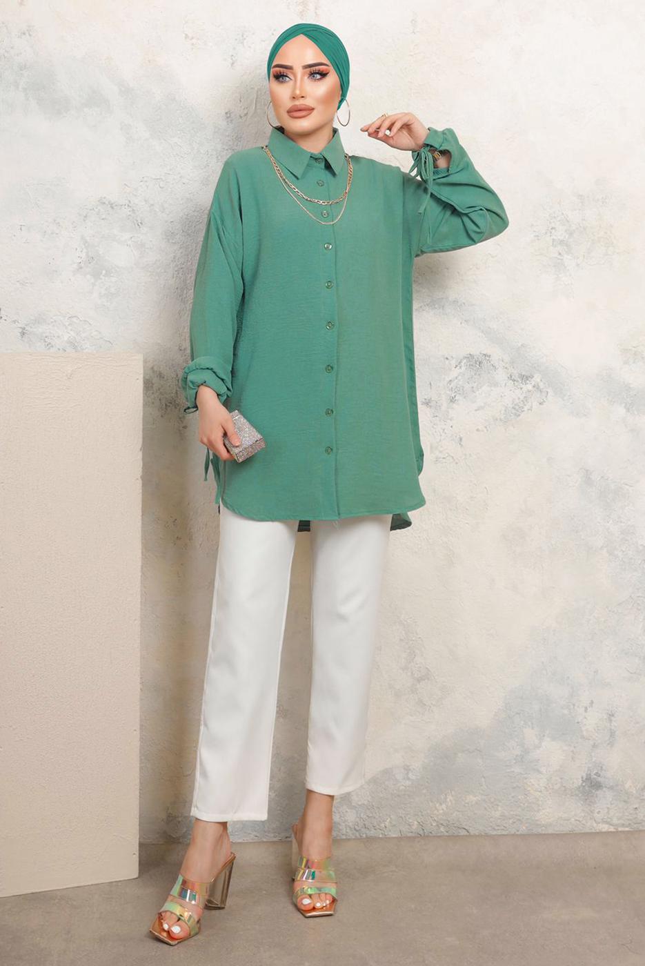 Tesettür giyim YEŞİL KOLLARI BAĞLAMALI ZİNCİRLİ GÖMLEK TUNİK T 4703