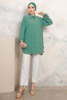 Tesettür giyim YEŞİL KOLLARI BAĞLAMALI ZİNCİRLİ GÖMLEK TUNİK T 4703