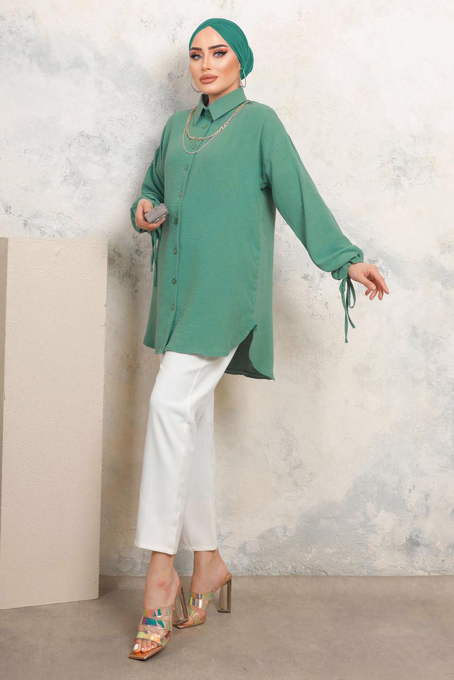 Tesettür giyim YEŞİL KOLLARI BAĞLAMALI ZİNCİRLİ GÖMLEK TUNİK T 4703
