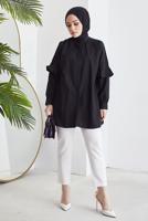 Tesettür giyim SİYAH KOLU FIRFIRLI GİZLİ DÜĞMELİ TUNİK T 48316