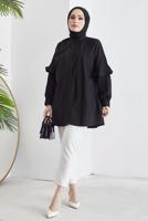 Tesettür giyim SİYAH KOLU FIRFIRLI GİZLİ DÜĞMELİ TUNİK T 48316