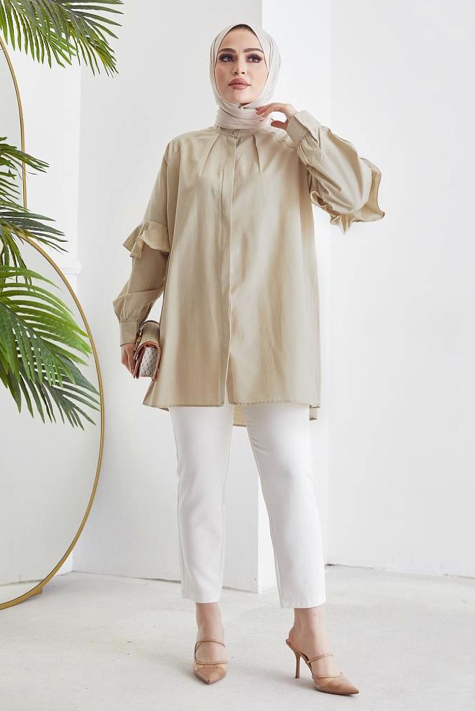 Tesettür giyim BEJ KOLU FIRFIRLI GİZLİ DÜĞMELİ TUNİK T 48316