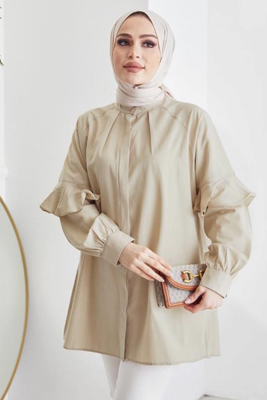Tesettür giyim BEJ KOLU FIRFIRLI GİZLİ DÜĞMELİ TUNİK T 48316