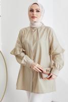 Tesettür giyim BEJ KOLU FIRFIRLI GİZLİ DÜĞMELİ TUNİK T 48316