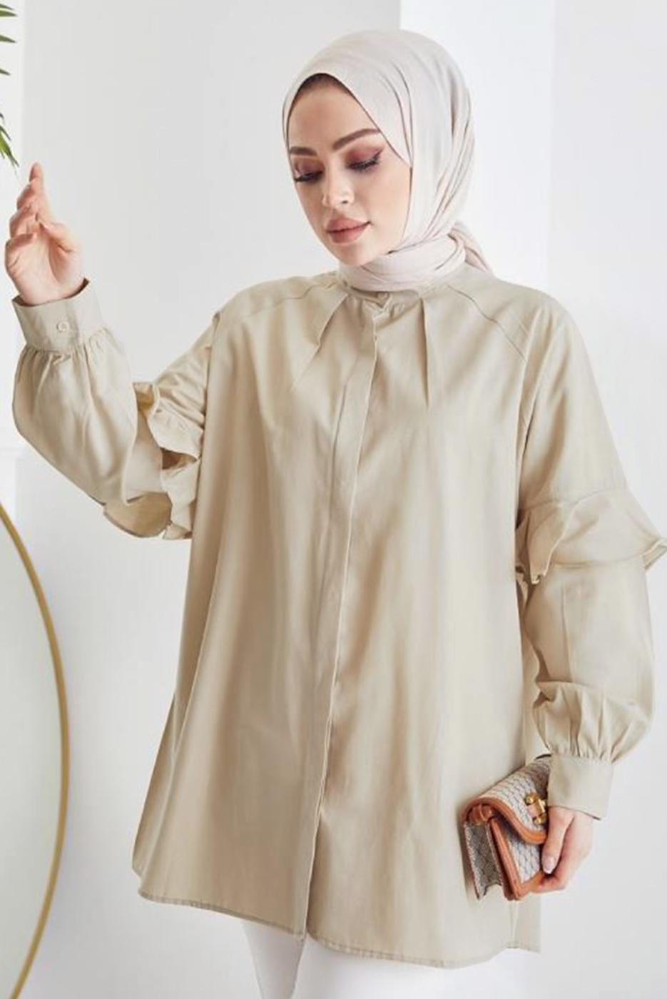 Tesettür giyim BEJ KOLU FIRFIRLI GİZLİ DÜĞMELİ TUNİK T 48316