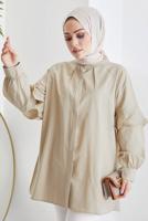 Tesettür giyim BEJ KOLU FIRFIRLI GİZLİ DÜĞMELİ TUNİK T 48316